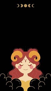 Animation of Aries Zodiac Sign, a Red Haired Woman with Horns and Hollow Design on Neutral Black Background. Perfect for Horoscope, Astrology, and Zodiac Themes in Flat 2D Character Animation Style.