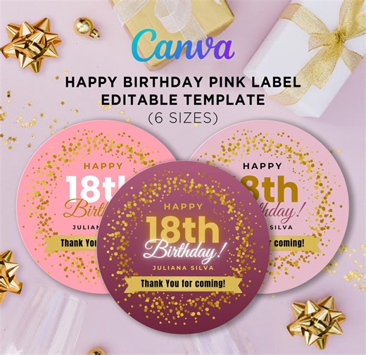 Editable Happy Birthday Stickers Pink and Gold, Gift Round Labels Canva Template, Champagne Custom Favor Tags, 18th 21st 30th 50th Bday - Etsy