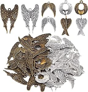 40pcs 4 Styles Angel Double Wing Charms Tibetan Style Alloy Fairy Wing Feather Bead Pendants Ornaments for DIY Craft Earring Necklace Jewelry Making Findings, 2 Colors