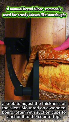 A manual bread slicer, commonly used for crusty loaves like sourdough.