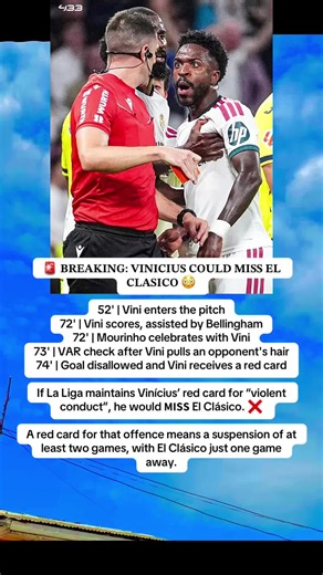 Vinícius red card: will he miss El Clásico? 2-game ban explained