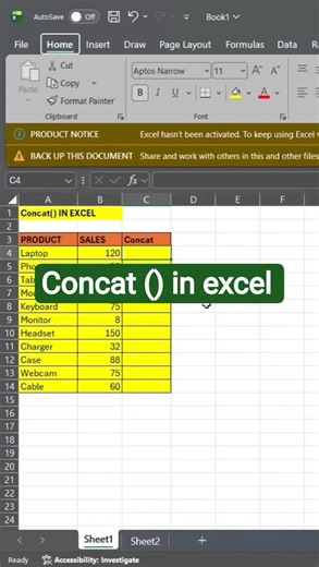 concat() , in excel