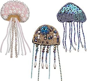 INFUNLY Jelly Fish Beaded Patch Rhinestone Sequin Jelly Fish Patches for Clothes Sea Creatures Patches with Tassel Sew on Applique Handmade DIY Patch Applique for Bags Hats Jeans Jackets Dress