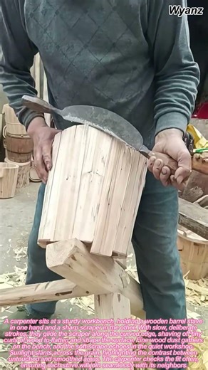Woodworking: Carpenter Smoothing Barrel Staves with Scraper for Perfect Fit