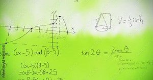Animation of mathematical equations and diagrams floating against green gradient background