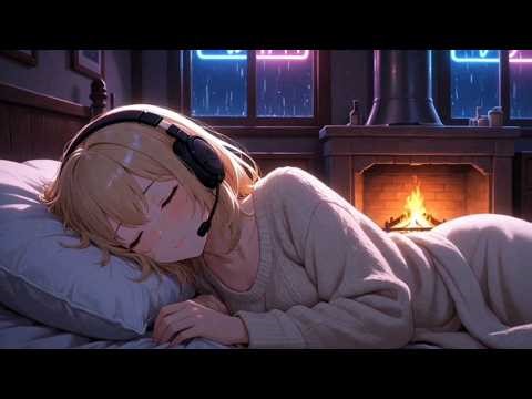 Cozy Rain Night Ambience 🎧 | Anime Girl Sleeping with Headset by the Fireplace 🔥✨ 8K Relaxing Vibes