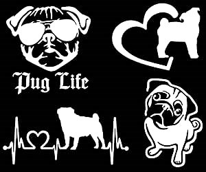 Pug Decal Pack: Pug Life, Heart Silhouette, Detailed Decals (Small 3.5", White)