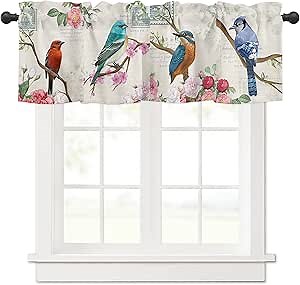 T&H XHome Window Treatment Valances Spring Retro Flowers London Postcard Colorful Birds Design Rod Pocket Curtain Valance for Kitchen, Bathroom, Living Room, Bedroom 54" W x 18" L
