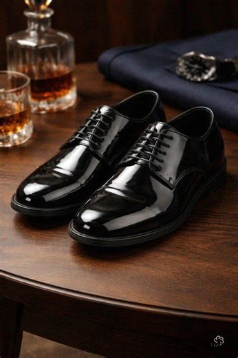 Mens Black Shiny Dress Shoe - Lace-up Style Secure and Adjustable