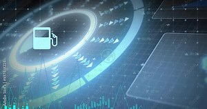 Fuel pump icon and data charts animation over digital interface background