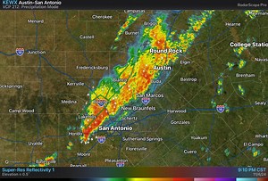 9:21 PM Radar update: And here it comes the cold front with frequent thunderstorms including lightning from cloud to ground and heavy rain. The heavy rain could have a great impact along roadways and poor drainage areas. Stay away from fast moving water and flooded areas. #txwx | US National Weather Service Austin-San Antonio Texas