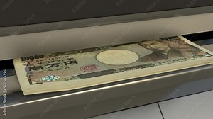 10000 Japanese yen in cash dispenser. Withdrawal of cash from an ATM. Financial transaction in the bank terminal. JPY.