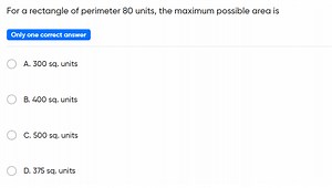 For a rectangle of perimeter 80 units, the maximum possible are... | Filo
