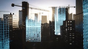 Aerial Drone Shot of Building Construction Finished with VFX: Real Estate Development Site Transforms with Analytical 3D Graphics Project. Visualization, Digitalization of Urban City Design Progress