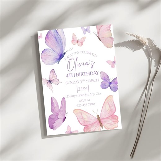 Butterfly Birthday Invitation, Girls Party Invite, Fairy Invitation, Editable Canva Template (Digital Download)