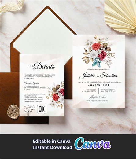 Elegant Floral Wedding Invitation Template, Watercolor Rose Invite Set, Editable Printable Wedding Suite, RSVP Card, Instant Download - Etsy