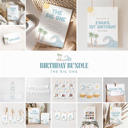 The Big One Birthday Bundle Editable Beach Surf Party Decor Coastal Summer 1st Birthday Templates - Etsy
