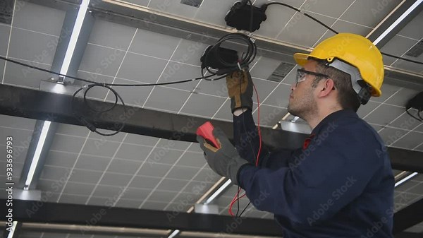 Engineer technical service checking solar panel with electricity meter for check the voltage, checking the system work properly