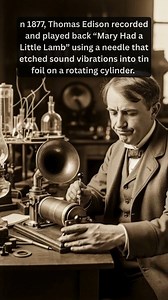 In 1877, a needle captured a human voice for the first time (United States). In 1877, inventor Thomas Edison developed a device that could both record and reproduce sound. Using a diaphragm connected to a stylus, vibrations from a voice etched grooves into tin foil wrapped around a rotating cylinder. When Edison spoke the nursery rhyme “Mary Had a Little Lamb,” the machine captured the vibrations mechanically. Rotating the cylinder again caused the stylus to retrace the grooves, reproducing the 