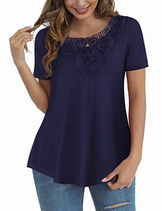 FOLUNSI Womens Plus Size Tops Short Sleeve Shirts Blouses Lace Pleated Tunic Tops M-4XL