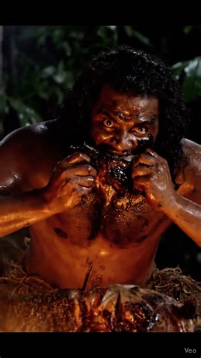A muscular man with curly hair eats ravenously from a spit-roasted animal.