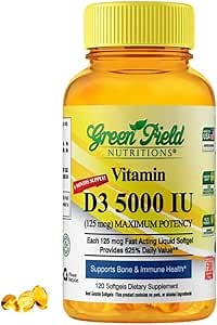 Greenfield Nutritions Halal Vitamin D - Halal Vitamin D3 5000 IU Softgel (125 mcg), High Potency 120 Unflavored Softgels - Beef Gelatin D3 Halal Vitamins, Supports Immune Bone Teeth Brain and Hair