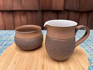Vintage Denby-Langley Stoneware: 2-Piece Sugar Creamer Set, Pitcher and Bowl, Denby Cotswold Pattern, ca. 1980 Langley Dinnerware