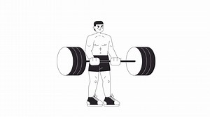 Animated bw male powerlifter. Latino american man deadlifting isolated 2D animation. Weight training. Cartoon monochrome thin line character 4K video footage, alpha channel transparency for web design