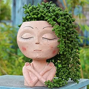 Unique Alien Face Planter Head Pots Lady Bust Statue Flower Vase for Indoor Plants, Modern Girl Pots, Closed Eyes Female Novelty Resin Plant Pot with Hole (No Succulents)
