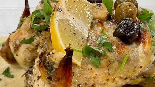Poulet braisé aux olives, citron et herbes fraîches