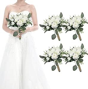 Set of 4 Bridesmaid Bouquets for Wedding - 7 Inch Artificial Ivory Flower Bouquet for Party Ceremony Anniversary Dinning Table Centerpieces Decor - Ivory