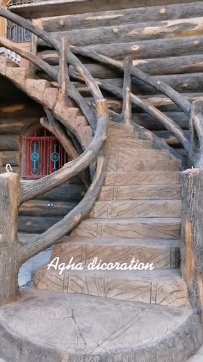 Rustic Wooden Spiral Staircase in Log Cabin
