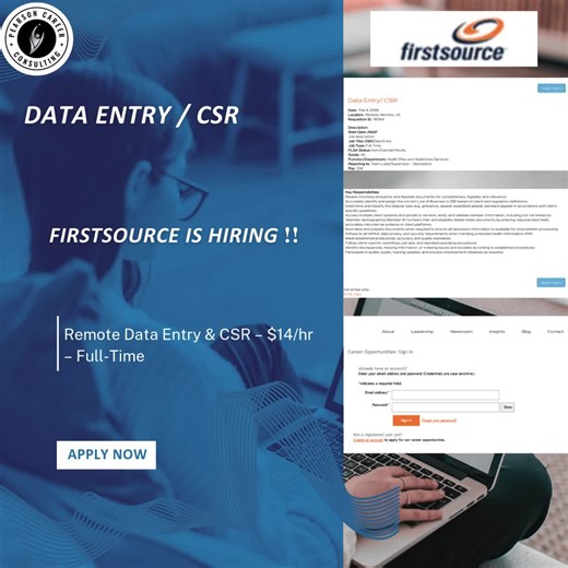 Data Entry / CSR 📌 FirstSource is HIRING ❗❗) 📍 Location: Remote (US) 💼 Type: Full-Time (Hourly, Non-Exempt) 💰 Pay: $14.00 per hour 📩 Apply Here: https://careers.firstsource.com/job/Remote-Data-Entry-CSR-Remo/50903144/?fbclid=IwY2xjawPwT3NleHRuA2FlbQIxMABicmlkETE2ZU00Z3p5dldEMTRENHFyc3J0YwZhcHBfaWQQMjIyMDM5MTc4ODIwMDg5MgABHoDl6YdK0WRS-kKNggSjc1UFHZykDSxNaNeY-3NZfgFTwyWJ_uSfP6UgANTP_aem_aEWlyXK_xRqo04MqujcB0A