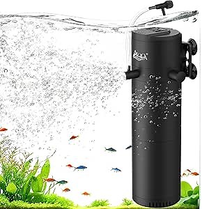 AQQA Aquarium Filter, 200GPH Submersible Fish Tank Filter with Dual Water Outlet & Aeration, Adjustable Air Flow Filter for 40-80 Gallon Tanks, Filtration Oxygenation Circulation Water Pumping (8W)