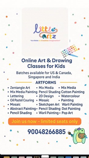 Online Art Class For kids 🎨 Give your kids screen free Creative Time 🎨 From Comfort From your Home 🏡. LittleArtz online Art class for kids is perfect for Busy Parents Who love to Develop Kid's Focus and Creativity ✨. How is our Online Art Class For kids Works?? 🎨Step By Step Guidance To Draw and Paint 🎨Small Group To Give 1:1 Attention 🎨 Platform Google Meet -60min 🎨 Build Your Kids Focus and Creativity 🎨Weekly Once Live Art class for kids 🎨 Every Class New Art work 🎨20 ART From and In