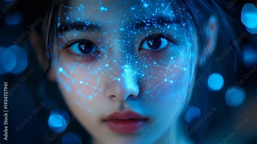 Futuristic portrait young Asian Korean woman, glowing digital blue neural network, girl face, biometrics, artificial intelligence, cyber identity, technology, data analysis, virtual visualization