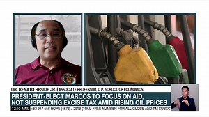 President-elect Ferdinand “Bongbong” Marcos, Jr’s recent statement that he will not suspend excise tax is “reasonable” as it is an “important source” of government revenue, says Dr. Renato Reside Jr. from the UP School of Economics. He further suggests to invest in long term plans such as building “hard infrastructure” for agriculture and promoting exports to stabilize oil prices. #DatelinePhilippines Related story: https://news.abs-cbn.com/news/06/20/22/marcos-jr-to-prioritize-ayuda-over-oil-ex