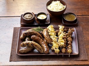 Sausage Medley with Mushroom and Onion Kabobs | Pork Recipes