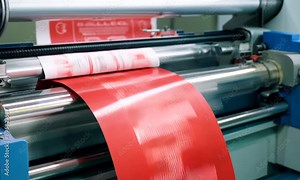 label machine working fast, rolls and ink do their job, red product labels are made in a chain in a labeling factory