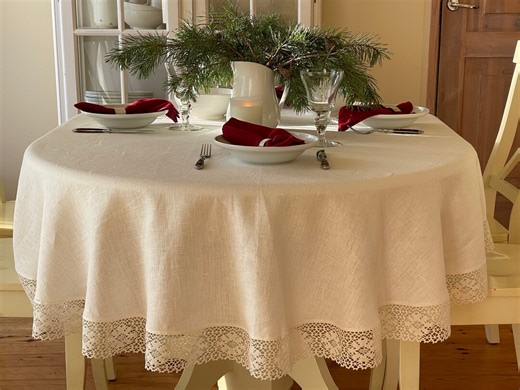 Handmade Linen Tablecloth With Lace - Milky White, Round or Oval - Etsy