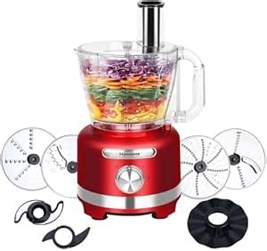Homtone 16 Cup Food Processor Large, 9 Functions 7 Blades 3 Speeds for Shredding, Slicing, Making French Fries, Chopping Meat, Kneading Dough & Emulsifying, 600W, Red