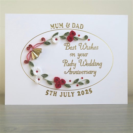 Ruby 40th Wedding Anniversary Card, Paper Quilling, Handmade, Personalised - Etsy