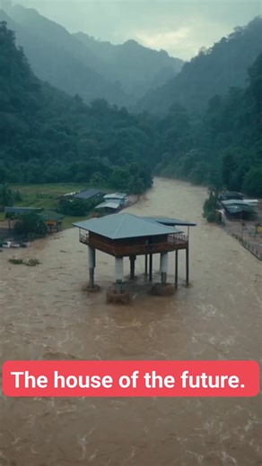 A house with a self-raising mast can survive in high floodwaters safely with hydraulic mast systems #home #house #future #reelsvideo #hydraulic | PC Lawtamuk NickAthiwat
