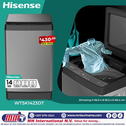 ✨ Upgrade your laundry game! ✨ De Hisense 14KG Top Load Washer (WT5K1423DT) maakt wassen sneller, schoner en zuiniger! ✅ Bubbel-wastechnologie ✅ Modern design ✅ Waterbesparend ✅ Perfect voor grote gezinnen 💥 Nu voor slechts $430,- 💥 📍 Exclusief verkrijgbaar bij MN International N.V. 📞 597 879-0541 🌐 www.mnisuriname.com #Hisense #Wasmachine #14KG #MNInternational #ValueForMoney #BigLoadWasher #LaundryMadeEasy #NewArrival #WaterSaving #HouseholdAppliances #SurinameShopping #TopLoadWasher #Sma