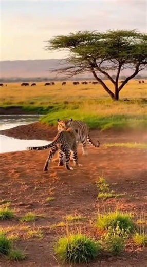 Tiger vs. Leopard: The Ultimate Savanna Tug-of-War! 🐅🐆 #wildlife #bigcats #nature #savannah