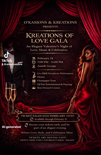 ✨ KREATIONS OF LOVE GALA ✨ Get dressed to impress and join us for an elegant Valentine’s night of love, music, and celebration ❤️🍾 📅 Feb 14 | 7–11 PM 📍 Austell, GA 🎷 Live R&B sax 🍽️ Dinner • Champagne Toast 💃 DJ Pete • Dancing 👑 Best Dressed Contest Tag your date, your bestie, or your vibe — this is the night you don’t want to miss! 💃🏽🔥 🎟️ Tickets: $100 — link in bio #ValentinesNight #AtlantaEvents #AustellGA #BlackElegance #DateNight