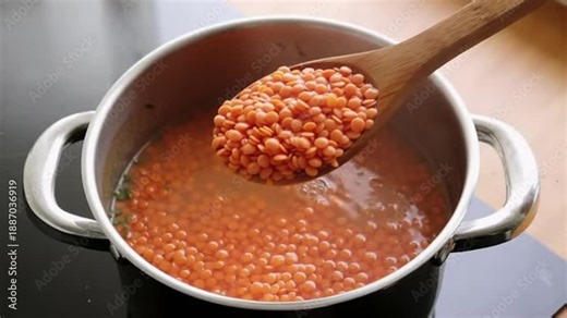 Cooking delicious red lentils in a pot on the stove top: A simple and healthy recipe