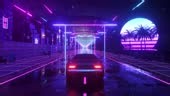 Car and city in neon style. 80s retro wave background 3d animation....
