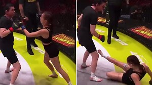 Incredible moment 50-year-old mother KNOCKS OUT son's ex-girlfriend in MMA fight