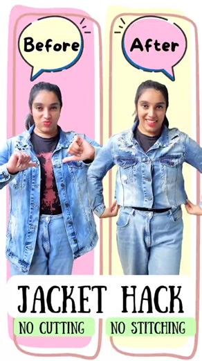 😲Crop your denim jacket in 10 seconds😱 #diyfashion #denimhack #croppedjacket #nocutnostitch #shorts